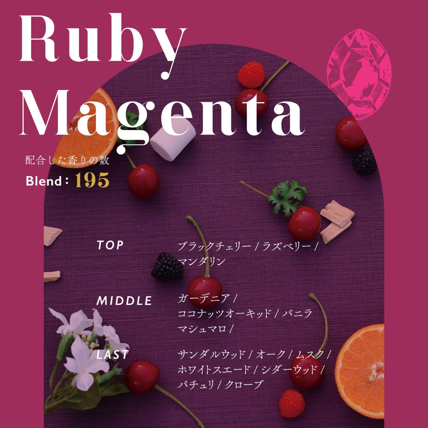 ルビーマゼンタ 配合した香りの数 Blend：195 TOP：ブラックチェリー/ラズベリー/マンダリン MIDDLE：ガーデニア/ココナッツオーキッド/バニラ/マシュマロ LAST：サンダルウッド/オーク/ムスク/ホワイトスエード/シダーウッド/パチュリ/クローブ