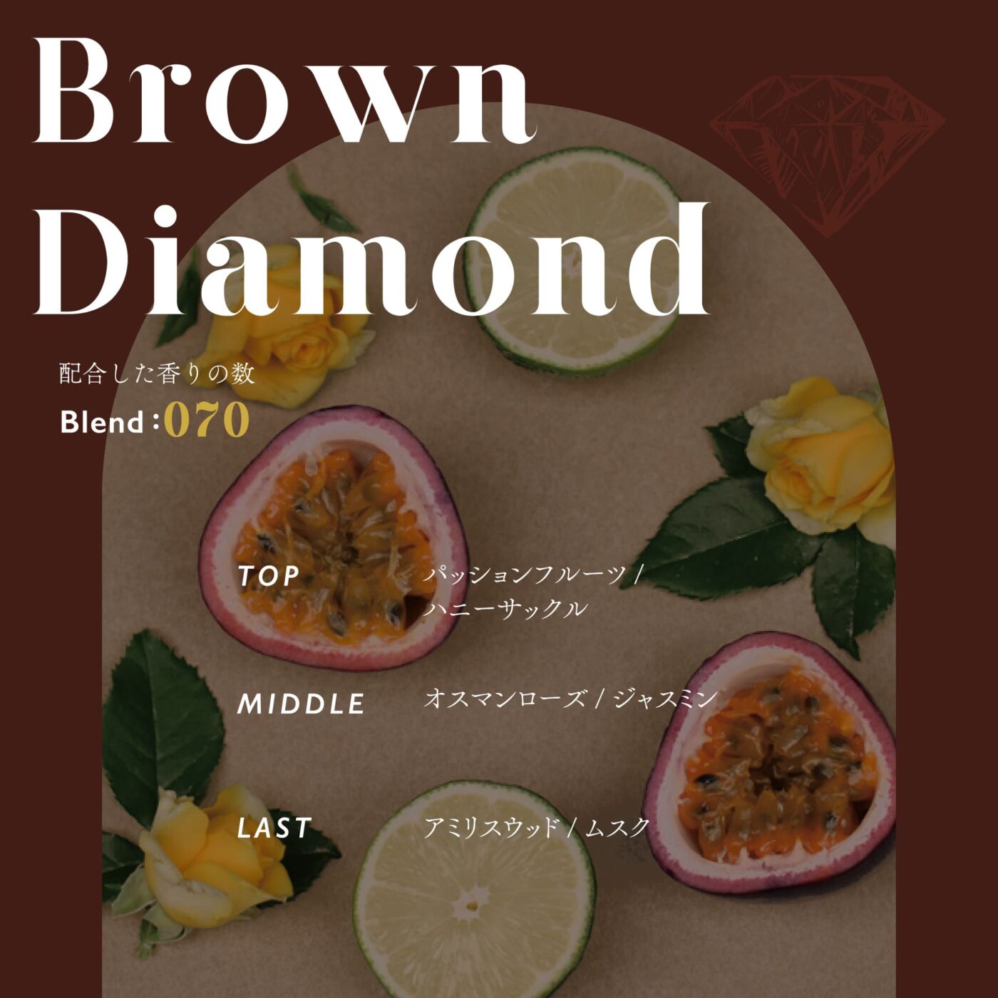 ブラウンダイアモンド 配合した香りの数 Blend：070 TOP：パッションフルーツ/ハニーサックル MIDDLE：オスマンローズ/ジャスミン LAST：アミリスウッド/ムスク