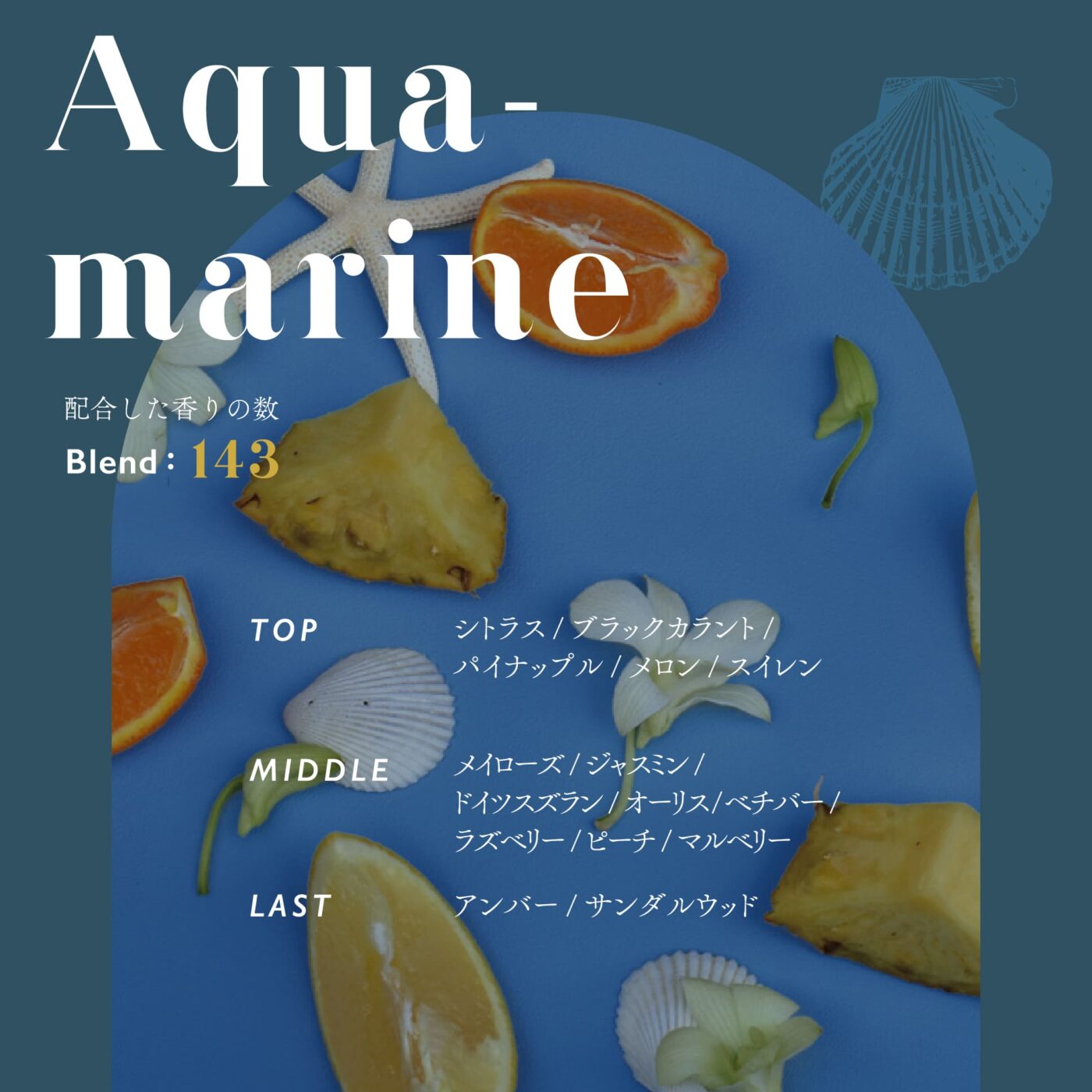 Aquamarine 配合した香りの数 Blend:143 TOP：シトラス/ブラックカラント/パイナップル/メロン/スイレン MIDDLE：メイローズ/ジャスミン/ドイツスズラン/オーリス/ベチバー/ラズベリー/ピーチ/マルベリー LAST：アンバー/サンダルウッド